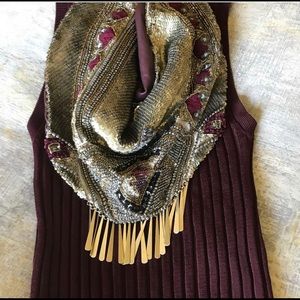 Leather Lined Scarf Necklace with Metal Tassles